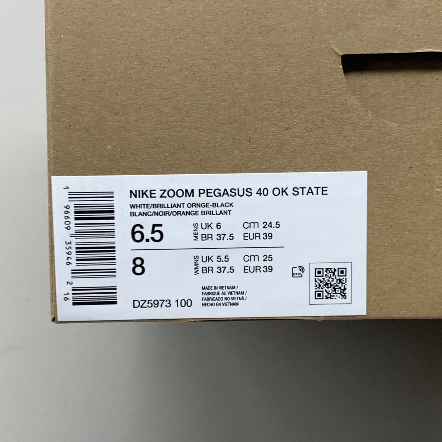 NIKE Zoom Pegasus 40 OK STATE White Shoes, Brilliant Orange & Black 8 W 6.5 M DZ5973-100
