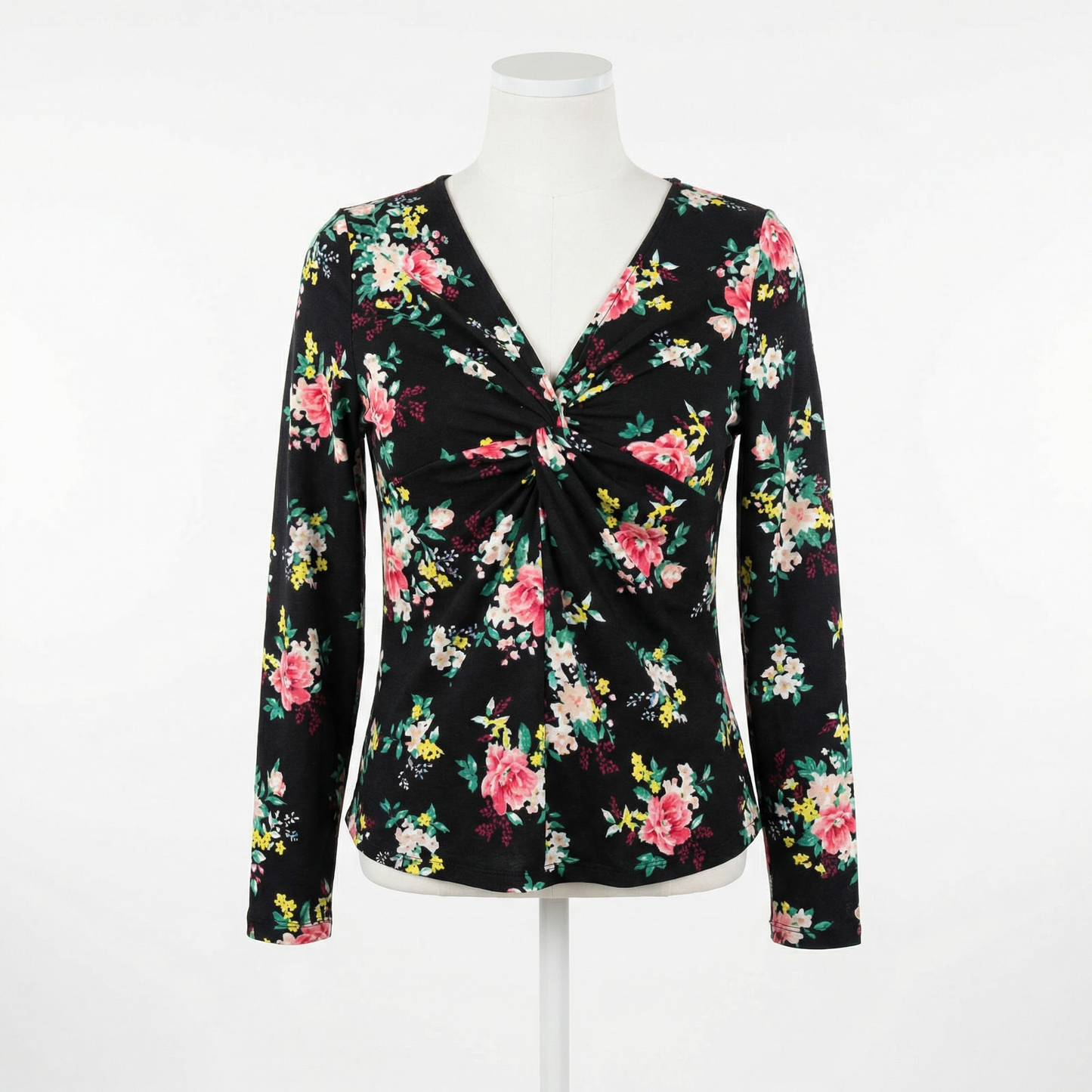Ultra Flirt Juniors Long Sleeve Knot Front Top Black Floral Print, Size Medium
