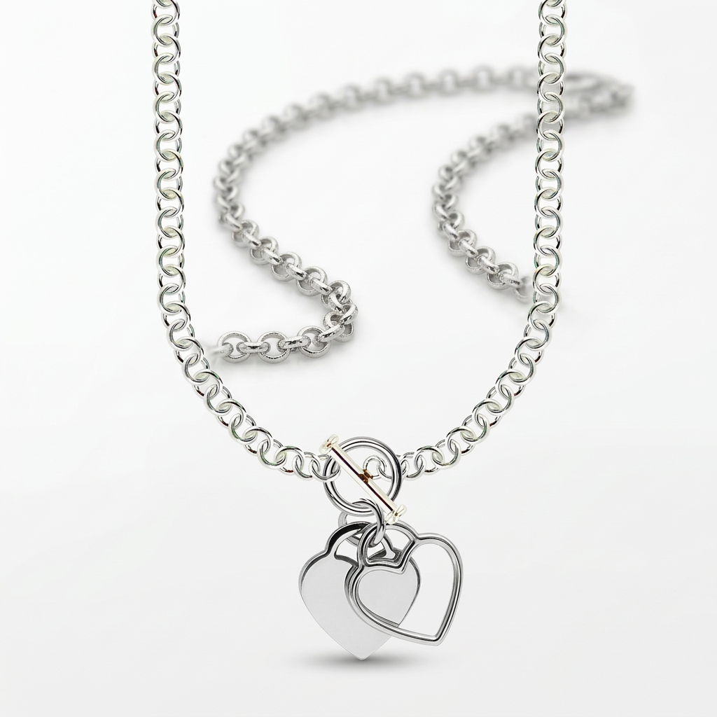 Sterling Silver Rhodium Plated Rolo Chain Necklace with a Heart Toggle Charm