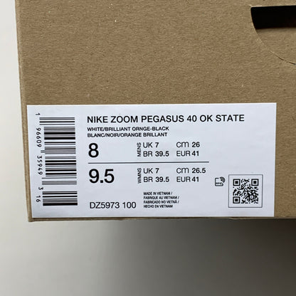 NIKE Zoom Pegasus 40 OK STATE White Shoes, Brilliant Orange & Black 9.5 W 8 M DZ5973-100