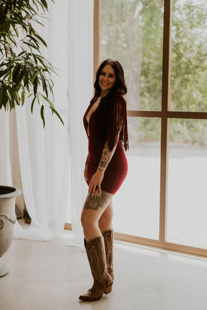 Dallas' Fringe Deep Neck Mini Dress