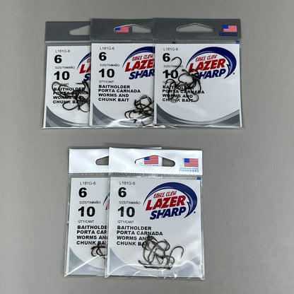 EAGLE CLAW (5 PACK) Sharp Worms & Chunk Baitholder Hook Bronze #6 10pc L181G-6