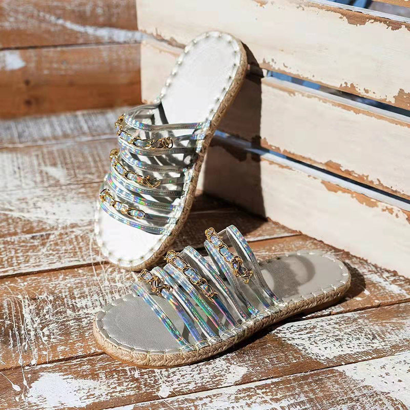 New Hemp Rope Thick Bottom Women's Large Size Straw Sandals With Rhinestones