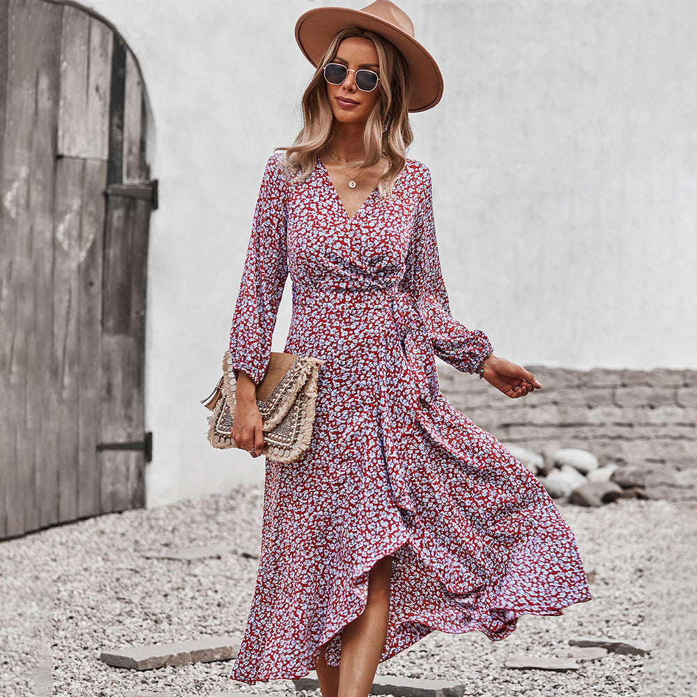 Autumn And Winter Floral Dress With Chest Wrap And Tie Large Swing Skirt Leisure Holiday Style