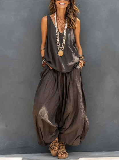 Womens Solid-Colored Casual Sleeveless Tank Top And Wide-Leg Pants Cotton-Linen Set
