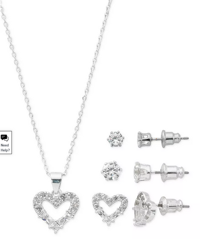 Macys Fine Silver Plate Cubic Zirconia Heart Necklace and Stud Earrings
