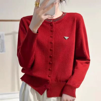 Womens Round-Neck, Diamond-Embellished, Solid-Colored Knit Cardigan