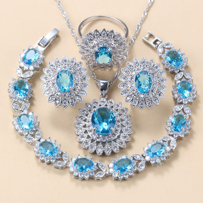 Garnet Cubic Zirconia Earrings Pendant Necklace Bracelet Ring Gift 4 PCs Set