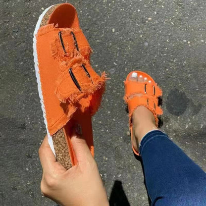 Casual Solid Canvas Buckle Denim Flat Slippers