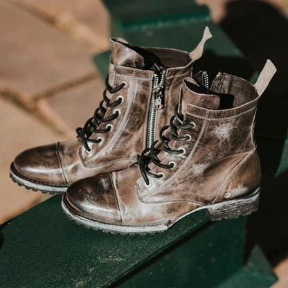 Round toe retro lace-up casual short boots