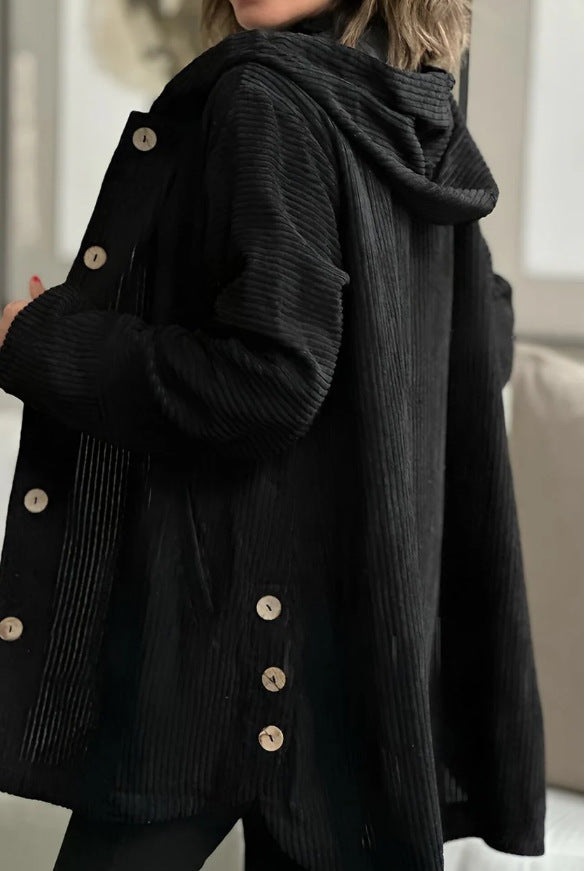 Women's Corduroy Hooded Jacket Fashion Warm Pockets Button Mid-length Top Casual Fall Winter Outwear Clothing