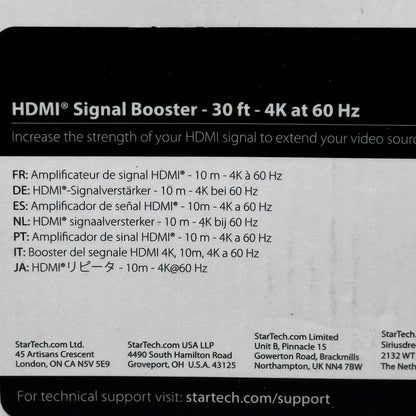 STARTECH.COM HDMI Signal Booster HDMI Extender 4K 60Hz 30ft Black HDBOOST4K