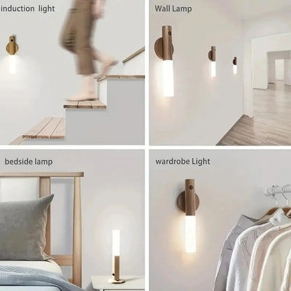 Motion Sensor Night Light, Rechargeable Body Sensor Night Light Indoor, Magnetic Wooden LED Wall Sconce For Bedroom Corridor Staircase Cabinet Intelligent Human Body Induction Night Light