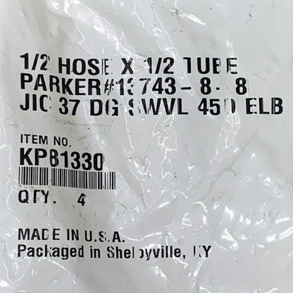 PARKER (4 PACK) Hydraulic Hose JIC 37° Swivel 450 Elbow 1/2" x 1/2" Steel KP81330