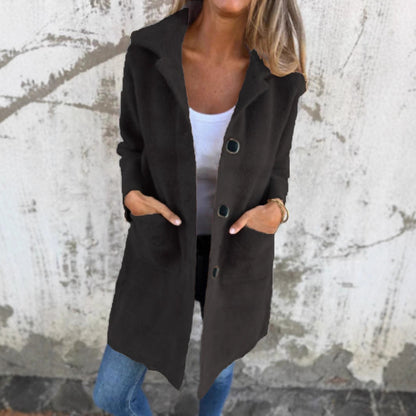 Single-breasted Polo Collar Pocket Mid-length Coat