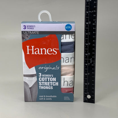 HANES 3 PACK!! Originals Women's Breathable Cotton Stretch Thongs Underwear Sz 9/2XLBlue/Buff/Pink 45OUBT