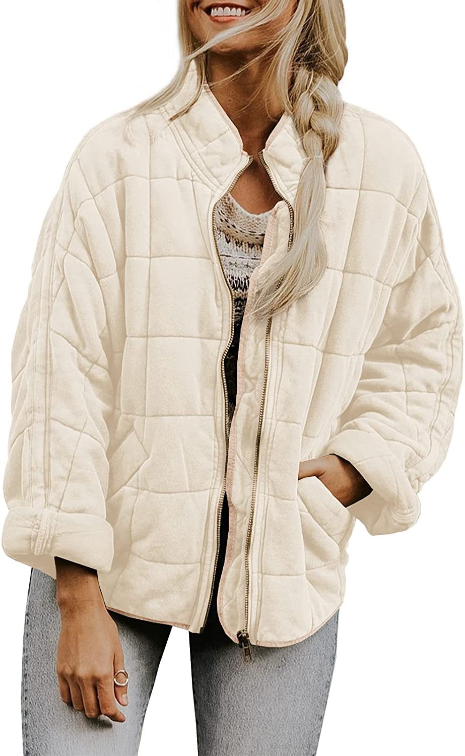 Winter Zip-up Stand Collar Coat With Pockets Fashion Solid Color Plaid Long Sleeved Jacket Women's Clothing