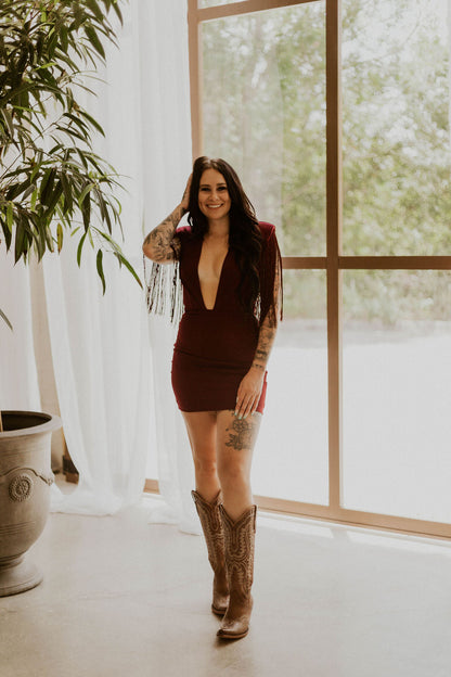 Dallas' Fringe Deep Neck Mini Dress