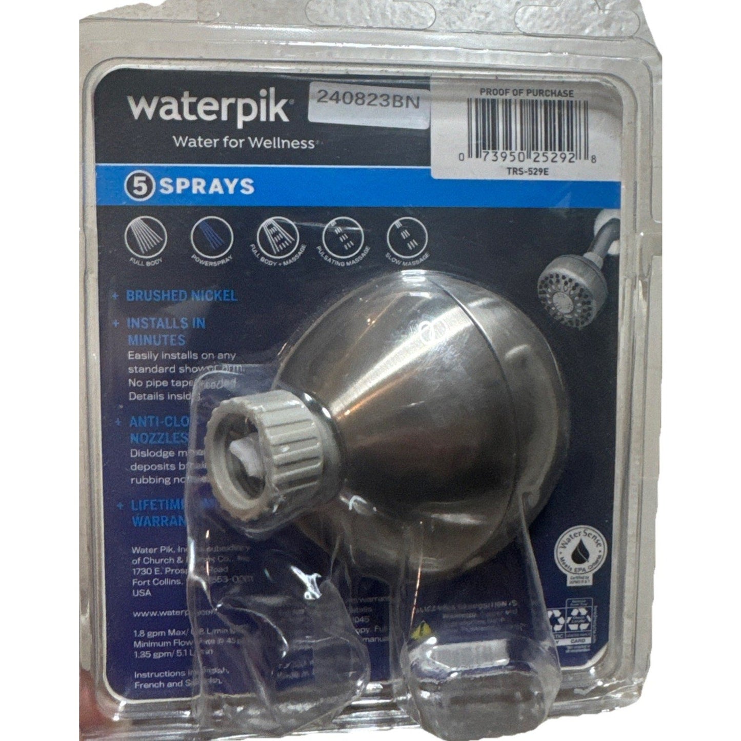 Waterpik Elements Fixed-Mount Shower Head, 5 Spray Settings, No-Clog