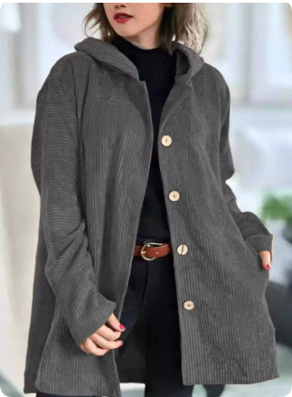 Women's Corduroy Hooded Jacket Fashion Warm Pockets Button Mid-length Top Casual Fall Winter Outwear Clothing