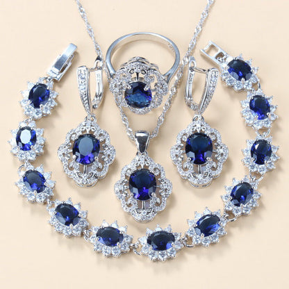 Garnet Cubic Zirconia Earrings Pendant Necklace Bracelet Ring Gift 4 PCs Set