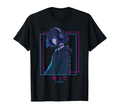Lost Sad Anime Wearing Headphone T-Shirt - Trendy Graphic Men Women