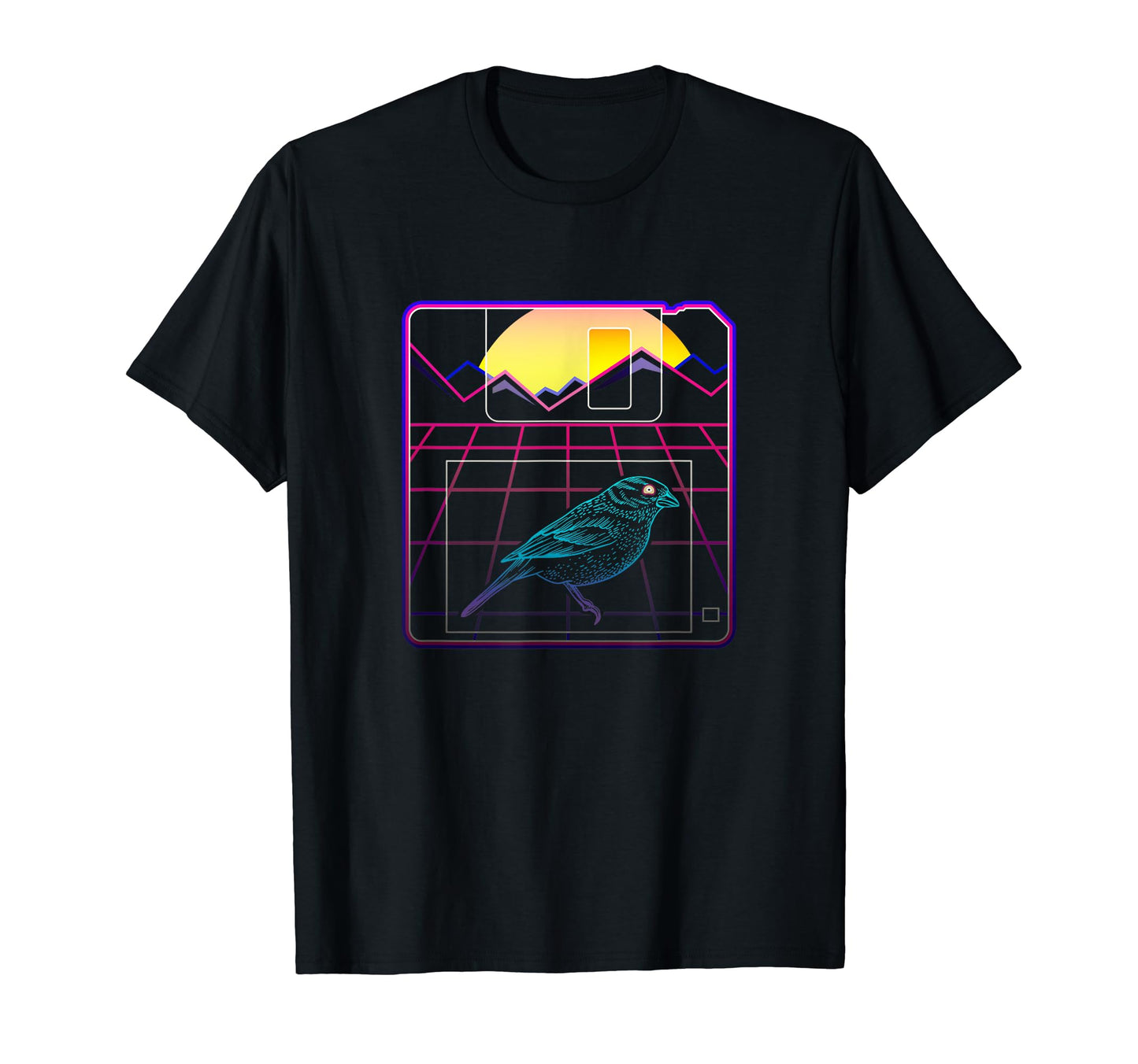 Floppy Disk Synthwave Sunset Evil Bird T-Shirt - Novelty Apparel Men Women