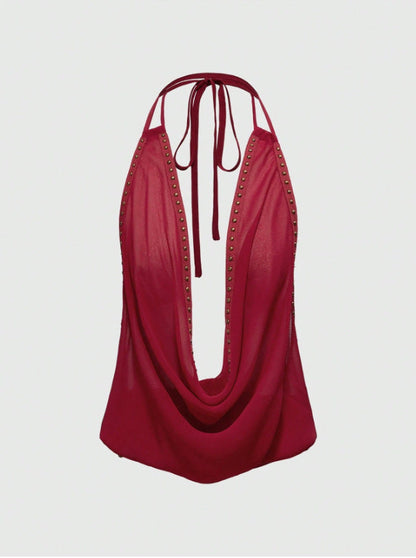 Solid-color Top With Studs Sexy Womens Clothing