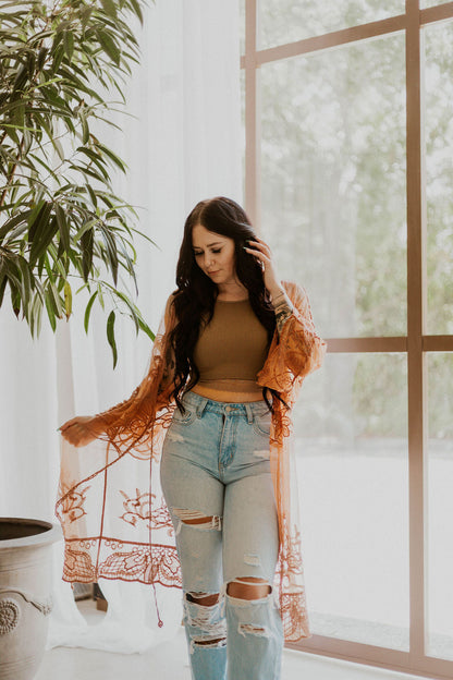 Embroidered Butterfly Lace Front-Tie Kimono