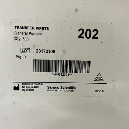 SAMCO (5000 PACK) TRANSFER PIPETS 202 General Purpose 7.7 ml 10 Boxes (500 per box)