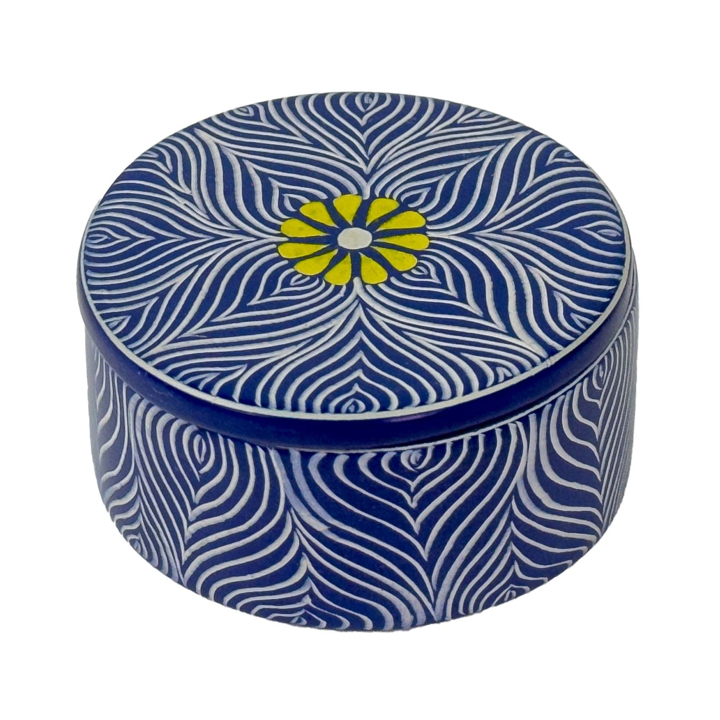 Soapstone Blue Round Container with Yellow Flower Accent