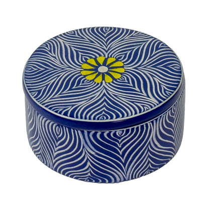 Soapstone Blue Round Container with Yellow Flower Accent
