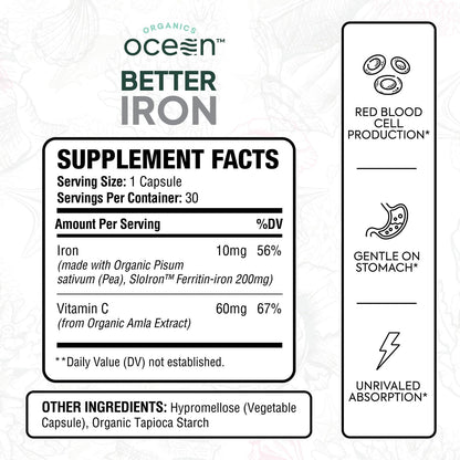 Ocean Dietary Supplement Iron Supplement with Lipofer - Supports Healthy Iron Levels & Anemia Support - 30 Tablets