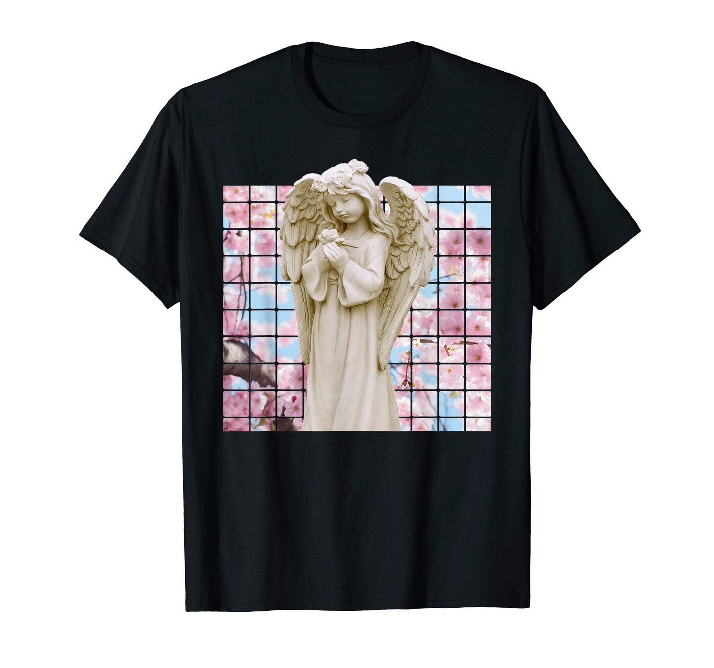 Vaporwave Angel Statue Japanese Flowers T-Shirt - Trendy Graphic for Adults