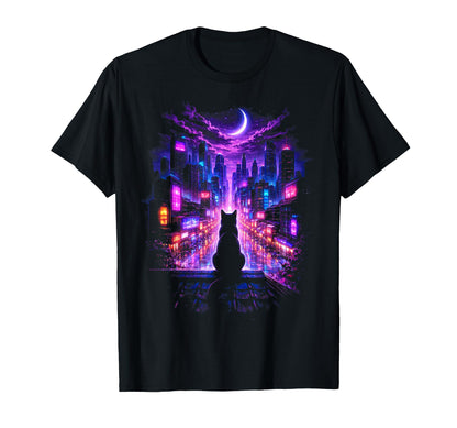 Cyberpunk City Cat Vaporwave Night T-Shirt - Unique Graphic Men Women