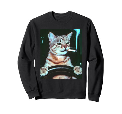 Cat Smoking Driving Grunge Kitty Edgy Sweatshirt - Streetwear Style Unisex