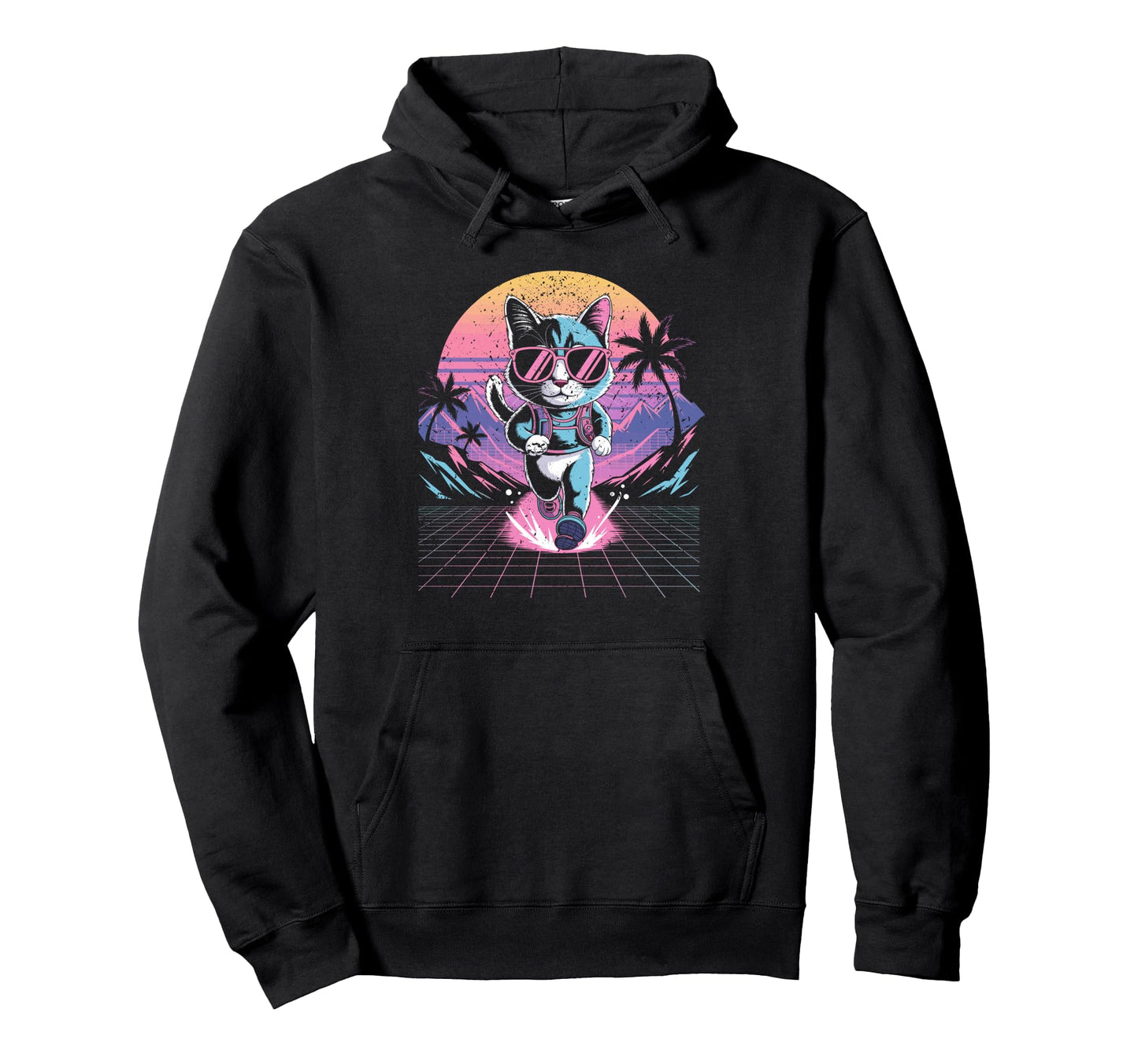 Synthwave Running Cat 80S Vaporwave Hoodie - Novelty Apparel for Adults