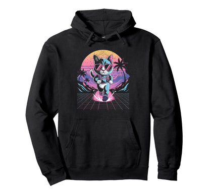 Synthwave Running Cat 80S Vaporwave Hoodie - Novelty Apparel for Adults