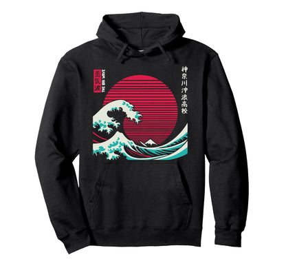 Vaporwave Great Wave Off Kanagawa Hoodie - Minimalist Print for Adults