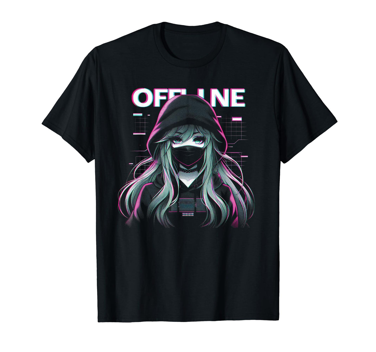 Offline Anime Facemask Vaporwave T-Shirt - Graphic Print for Adults