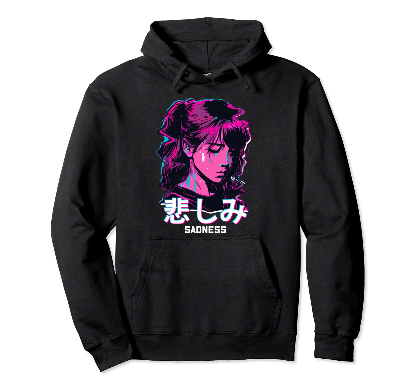 Sad Anime Glitch Art Soft Grunge Hoodie - Aesthetic Graphic for Adults