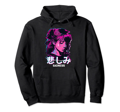 Sad Anime Glitch Art Soft Grunge Hoodie - Aesthetic Graphic for Adults