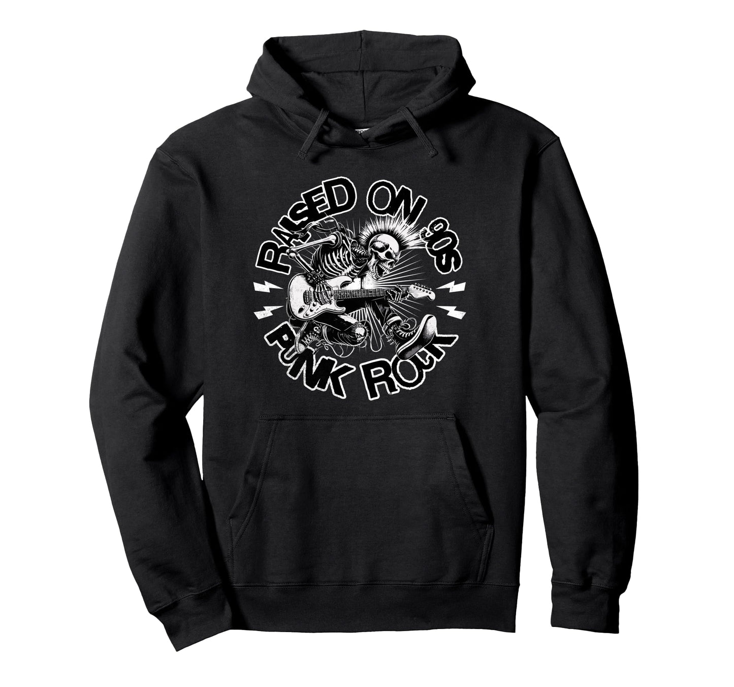 Raised 90S Rock Skeleton Guitar Punk Hoodie - Custom Art Print for Adults