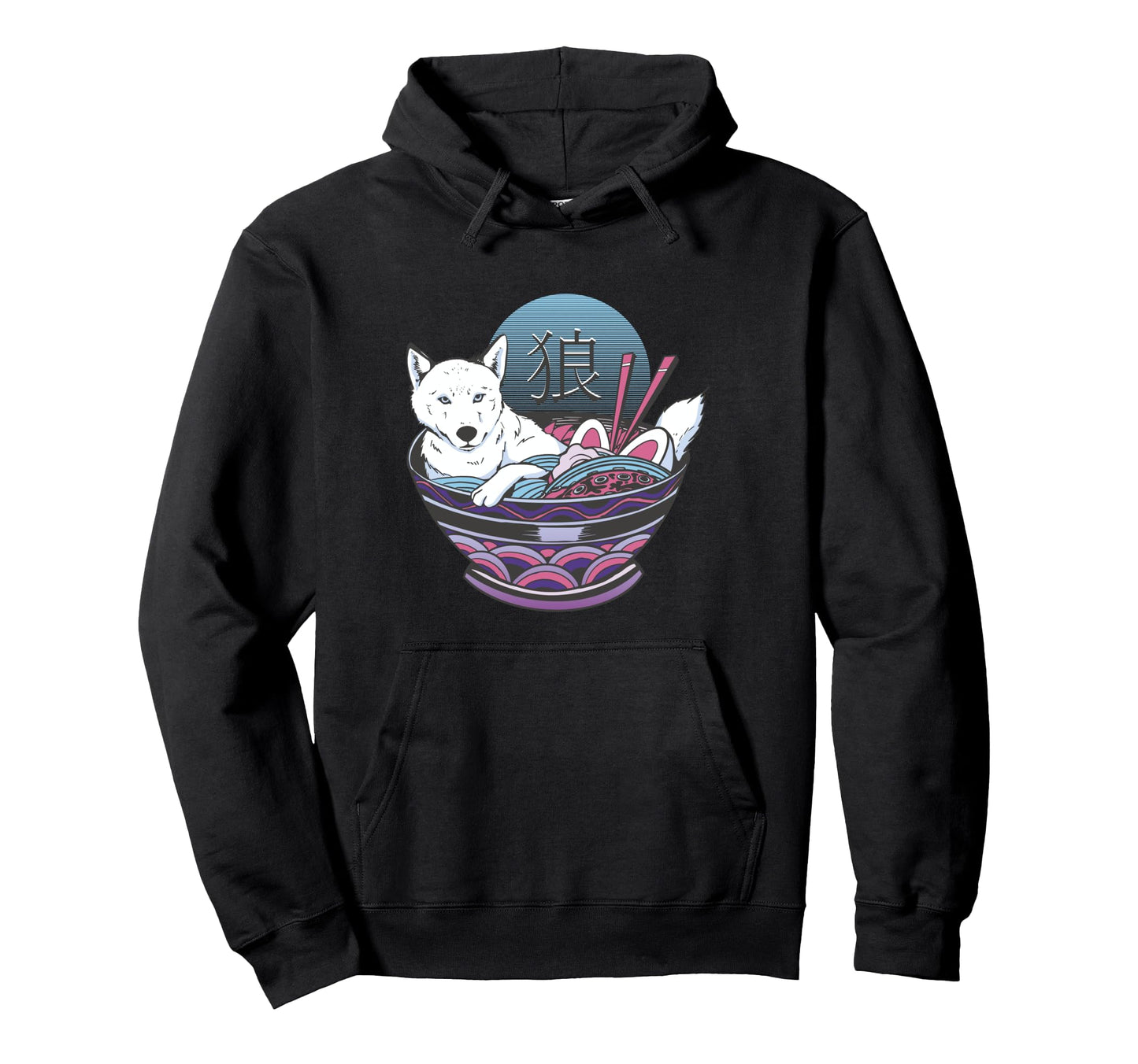 Vaporwave Ramen Wolf Kanji Japanese Hoodie - Graphic Print for Adults