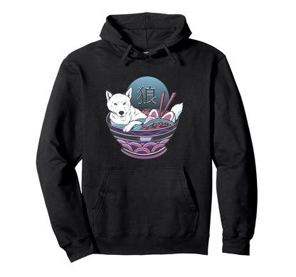 Vaporwave Ramen Wolf Kanji Japanese Hoodie - Graphic Print for Adults