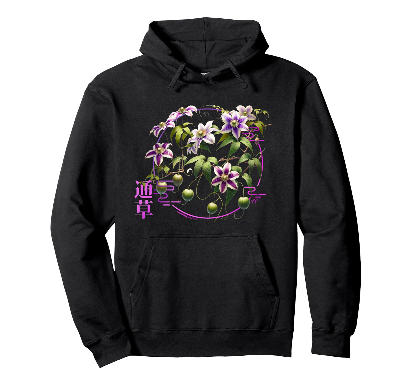 Japanese Clematis Akebi Grunge Flower Hoodie - Custom Art Print for Adults