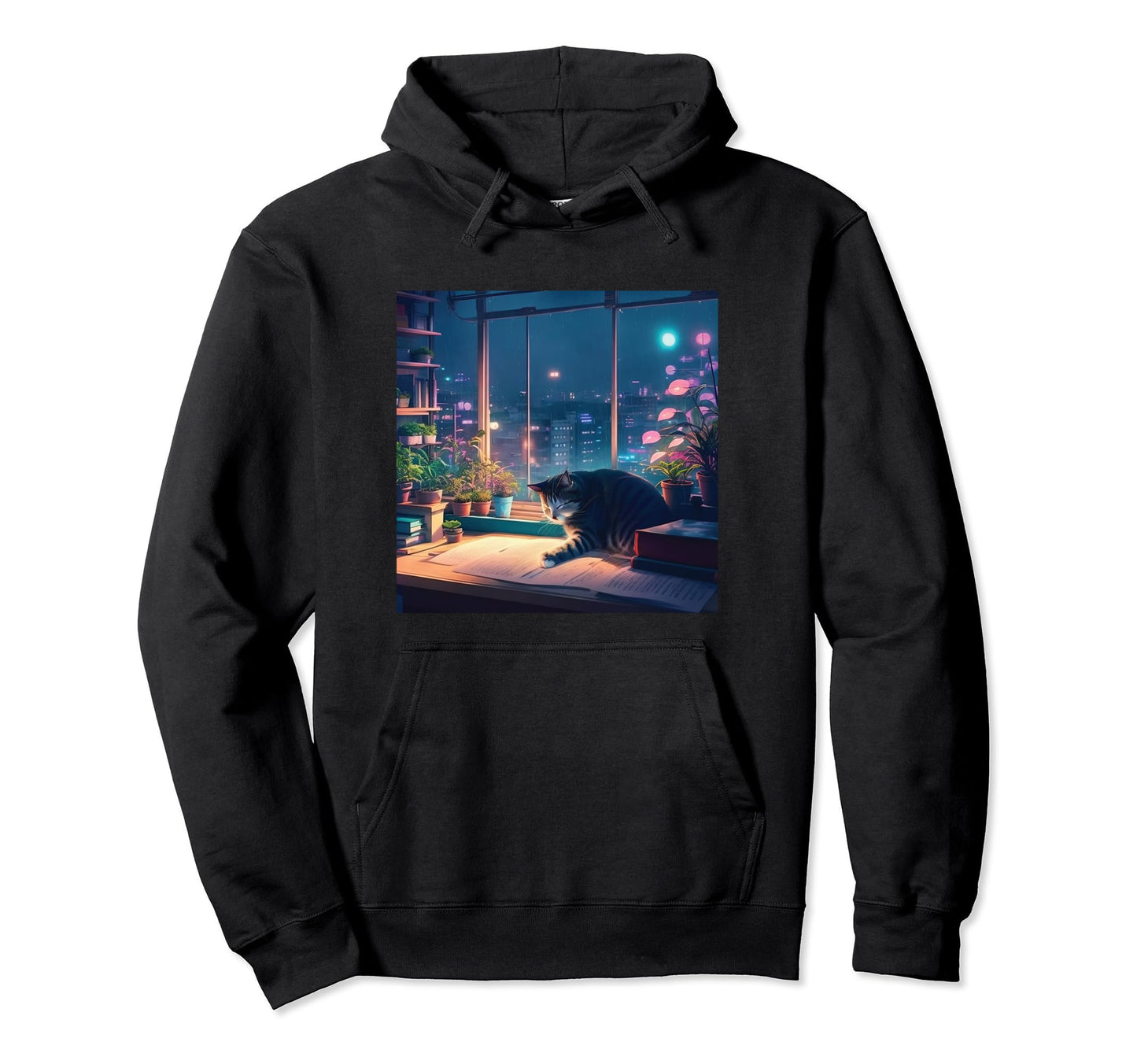 Lofi Cat Japanese Anime 90S Vaporwave Hoodie - Graphic Print for Adults