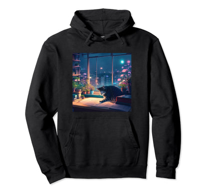 Lofi Cat Japanese Anime 90S Vaporwave Hoodie - Graphic Print for Adults