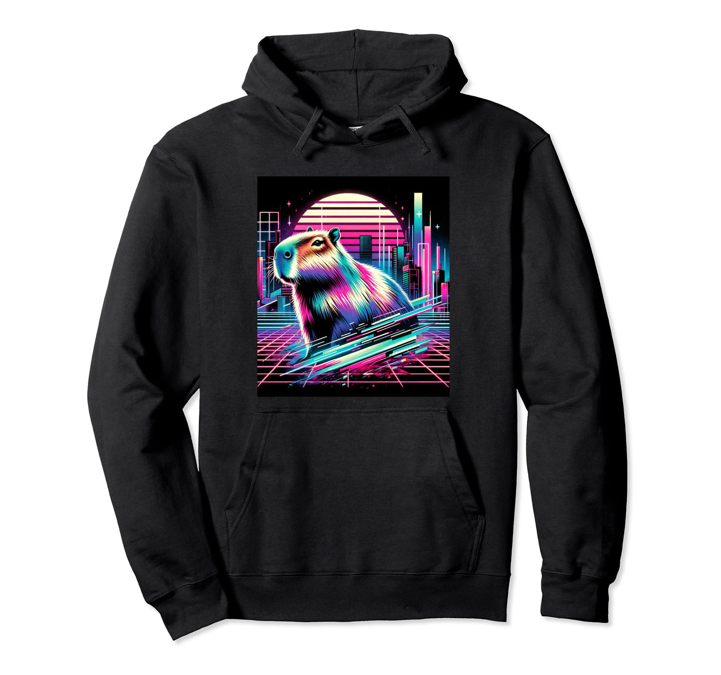 Vaporwave Capybara 80S 90S Glitch Art Hoodie - Graphic Print for Adults