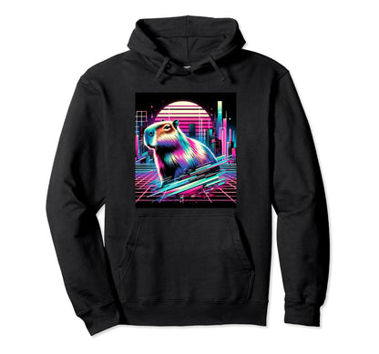 Vaporwave Capybara 80S 90S Glitch Art Hoodie - Graphic Print for Adults